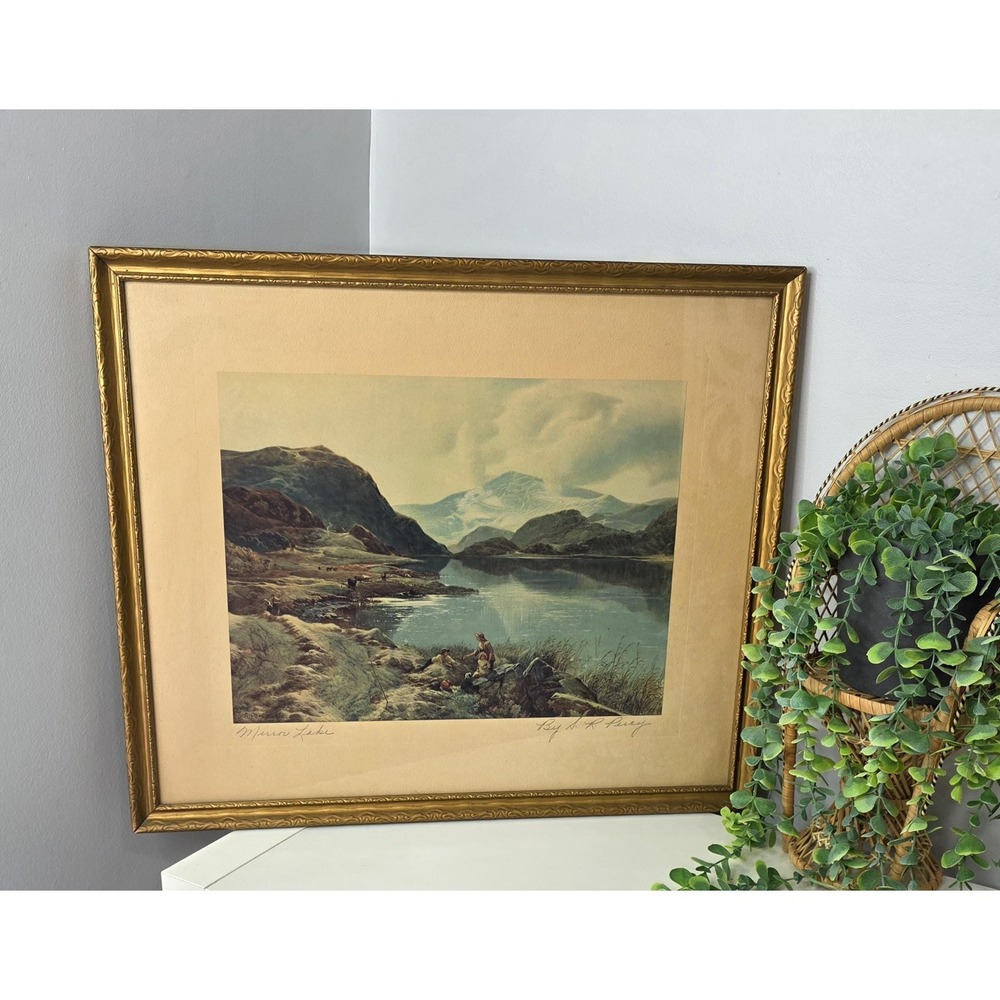 MCM Vintage Framed Art - "Mirror Lake" Mountain Landscape Print in Gold Frame